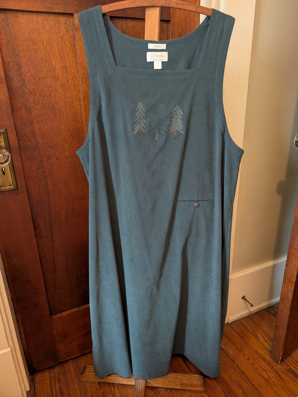 Teal Sleeveless Pinafore Dress with Tree Embroidery